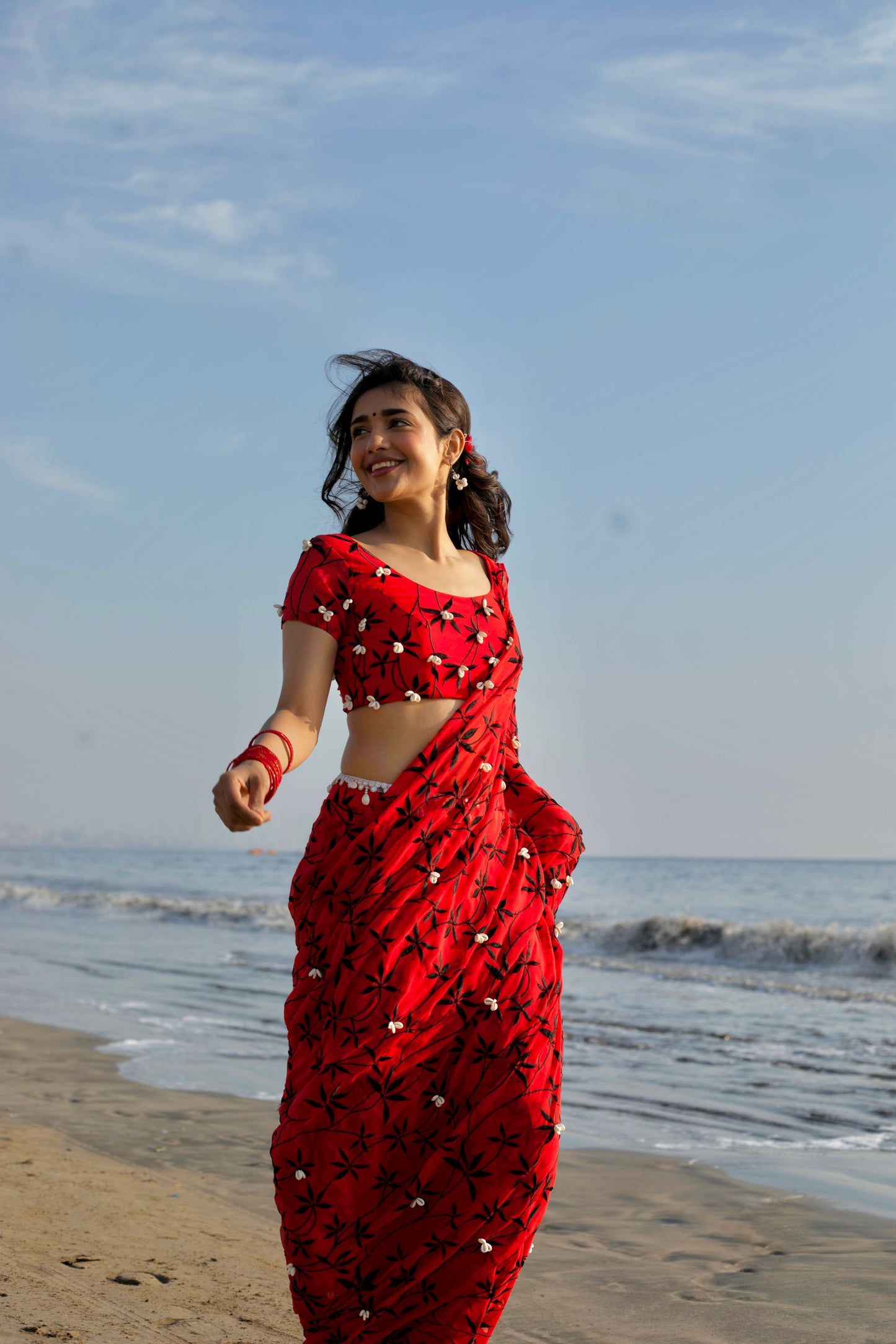 Flame Red Pre-draped Saree & Blouse