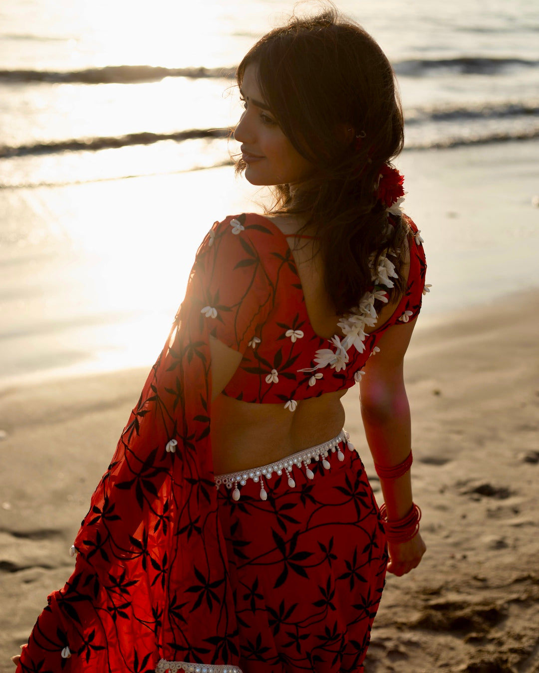 Flame Red Pre-draped Saree & Blouse